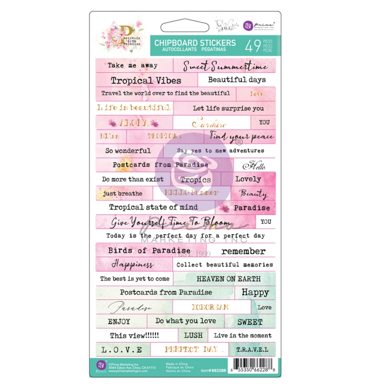 Postcards from Paradise Collection Chipboard Stickers - 49 pcs w/ foil accents Scrapbook Supplies Material For Craft Notebooksdecoupage Album Journals Planners Art Journaling Bullet
